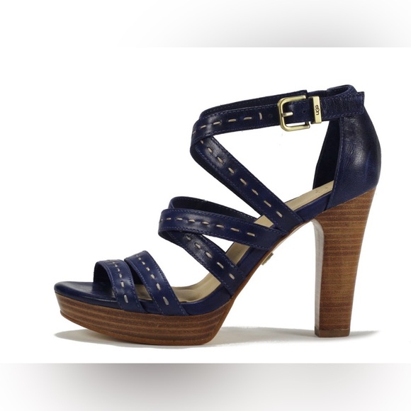 UGG Sandals Platform Strappy Navy Blue Leather Women Sz 8.5 High Heel Open Toe - Picture 1 of 15